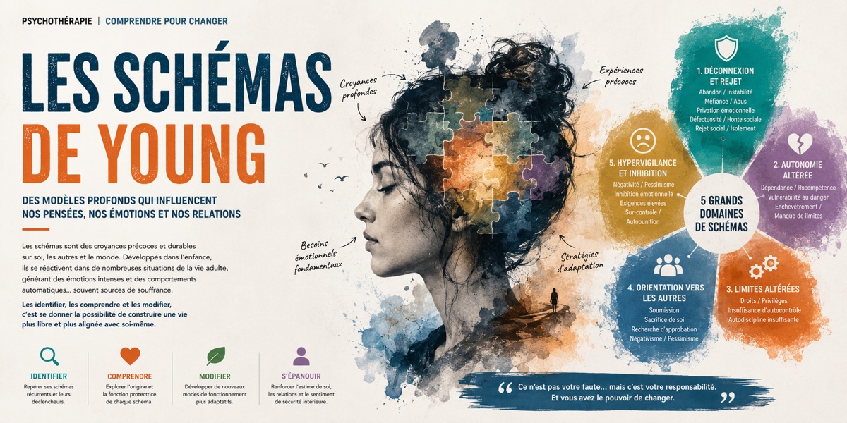 Les schémas de Young : les 5 grands domaines de schémas précoces inadaptés — déconnexion, autonomie, limites, orientation vers les autres, hypervigilance